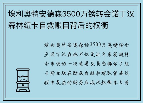 埃利奥特安德森3500万镑转会诺丁汉森林纽卡自救账目背后的权衡 埃利奥特安德森3500万镑转会诺丁汉森林纽卡自救账目背后的权衡