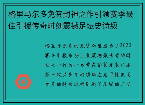 格里马尔多免签封神之作引领赛季最佳引援传奇时刻震撼足坛史诗级